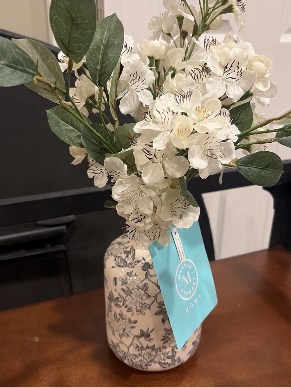 Martha Stewart Ivory and Blue  Floral Ceramic Vase with White Silk Florals